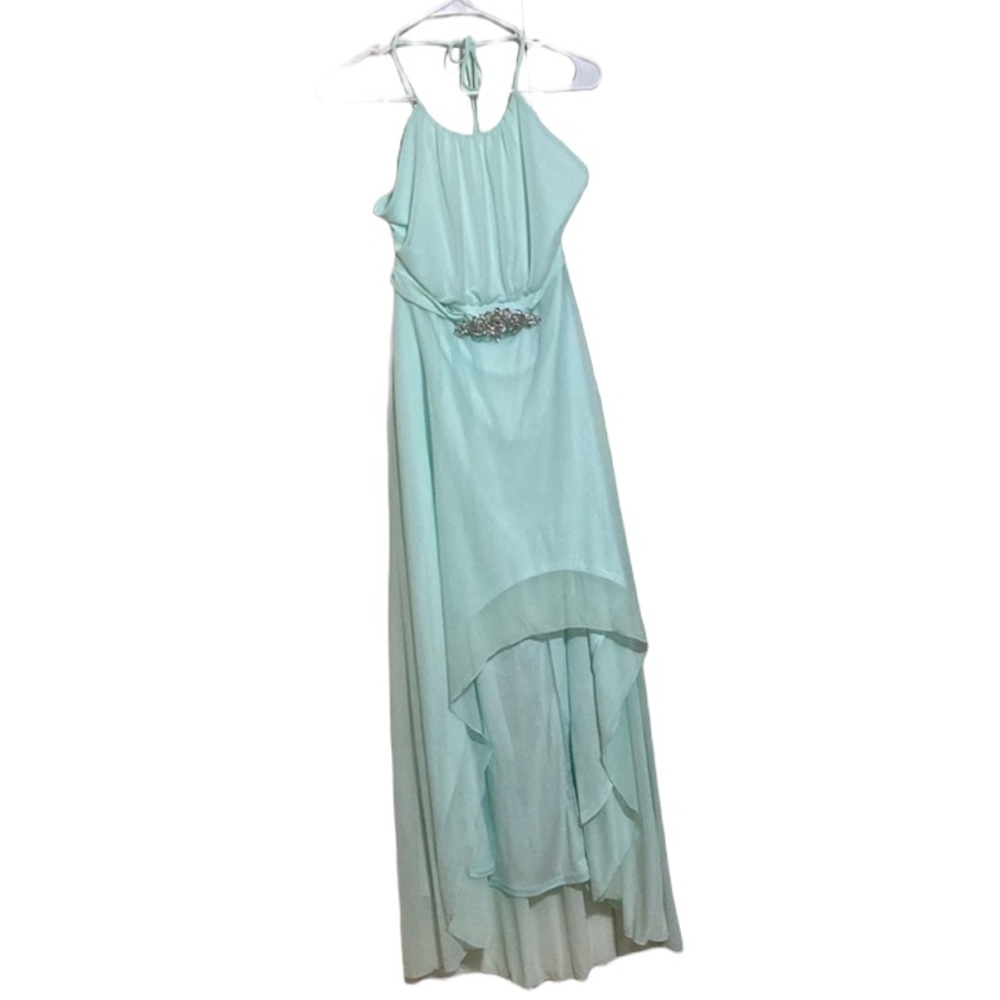 Venus seafoam green high low dress with jewel